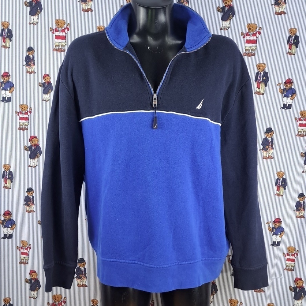 Nautica 1/4 zip Navy blue & royal blue casual 2XL med weight preppy sweatshirt